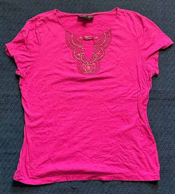 Dana Buchman Tops - Dana Buchman Women's Hot Pink Short Sleeve T-Shirt with Beaded Keyhole Neckline